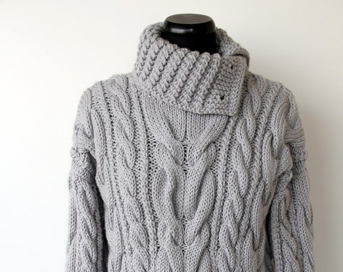 Featured listing image: HAND KNIT SWEATER for Women, Cable-knit Sweater Pullover, Blue Sky Sweater, Hand Knitted Sweater Long Sleeves, High Collar Sweater Handmade