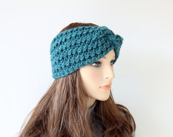 Hand knit warm headband for women. Gorgeous turquoise headband ear warmer. Autumn knitting gift for her. Winter fashion knitting accessory