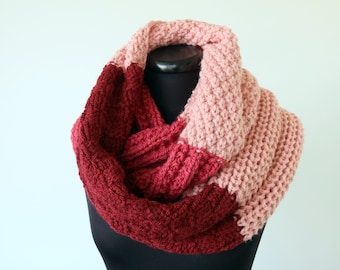HANDMADE KNIT SCARF for Women, Colorblock Knit Scarf, Warm Scarf Hand Knitted, Hot Pink Maroon Scarf, Infinity Scarf, Handmade Gift for Her