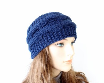 Hand knit wide warm headband for women. Dark blue mohair luxury soft headband. Cable knit ear warmer. Autumn Fall Winter gift for her