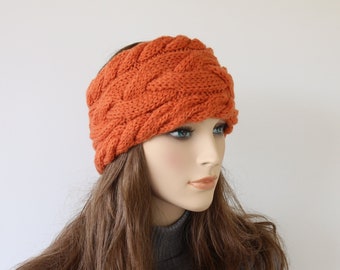 Hand knit warm orange headband for women. Cable knit headband Autumn gift for her. Knit ear warmer ready to ship. Autumn fashion knit gift