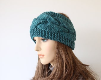 Hand knit headband ear warmer for women. Cable knit warm wide headband. Gorgeous turquoise mohair soft headband. Autumn Winter knitting gift