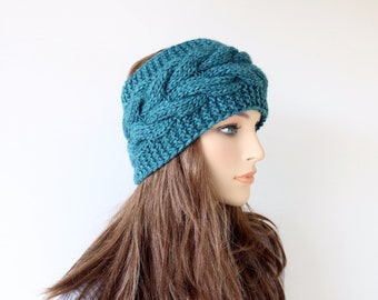 Cable knit headband for women. Turquoise headband ear warmer. Mohair soft luxury yarn headband hand knitted. Warm wide headband winter gift