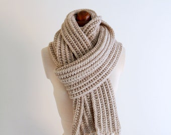 Hand crocheted long scarf for men and women. Warm beige scarf with fringe. Winter wool soft scarf handmade. Autumn gift. Ready to ship scarf