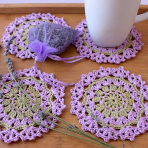 Crochet PATTERN &#39;Lavender Coasters&#39;: Easy Photo Tutorial English US Terms Pattern, Lavender Home Decor Gifts Diy Download PDF #191