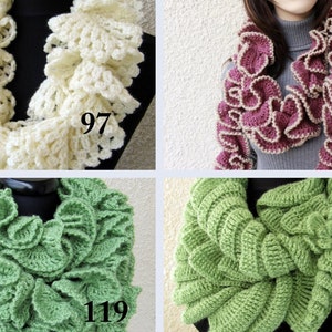 Crochet PATTERNS ruffle scarves unique designs. DIY crochet scarves for women. Ruffled scarf crochet gifts for her. Download 4 PDF patterns