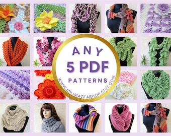 CROCHET PATTERNS* bundle Unique scarf patterns, Baby blankets patterns, Coasters patterns, Crochet flowers patterns, Any 5 PDF easy patterns