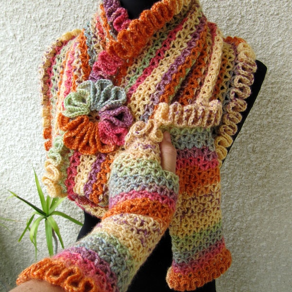Crochet Scarf & Fingerless Gloves PATTERNS: Autumn Colors (PDF Download #58, #78)