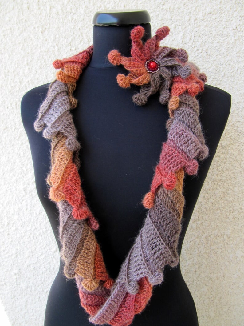 Crochet PATTERN Scarf ''Fantasy''. Unique crochet design scarf tutorial pattern. Multicolor yarn scarf with flower. Download PDF pattern 88 image 4