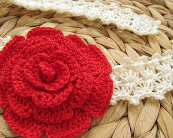 Crochet Flower Headband Baby Girl, Red Rose Flower Headband Hand Crocheted, Baby Girl Crochet Gift, Handmade Crochet Item, Baby Shower Gift