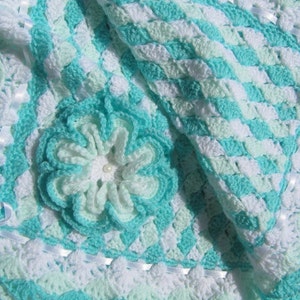 Crochet Shell Stitch Baby Blanket PATTERN 'Turquoise Sea Shell Blanket with Flower'. Easy crochet blanket tutorial pattern. Download PDF 42 image 4