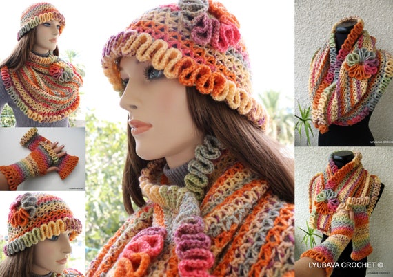 Women's Crochet Beanie Hat - Colorful Ruffled Handmade Knit Skull Cap, Cuffed, One Size Fits All