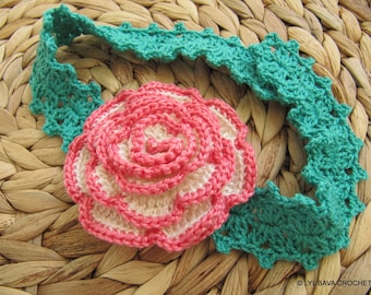 Crochet PATTERN Rose Flower Headband for baby girl. Easy crochet rose tutorial pattern. Summer crochet baby girl gifts DIY. Download PDF #96