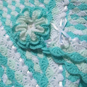 Crochet Shell Stitch Baby Blanket PATTERN &#39;Turquoise Sea Shell Blanket with Flower&#39;. Easy crochet blanket tutorial pattern. Download PDF #42