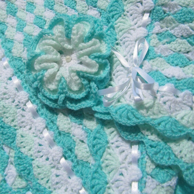 Crochet Shell Stitch Baby Blanket PATTERN 'Turquoise Sea Shell Blanket with Flower'. Easy crochet blanket tutorial pattern. Download PDF 42 image 1