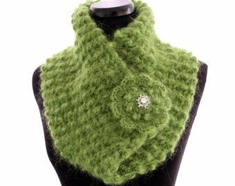 Crochet Cowl Scarf Pattern: Mohair Yarn, Flower Brooch (PDF Download #146)
