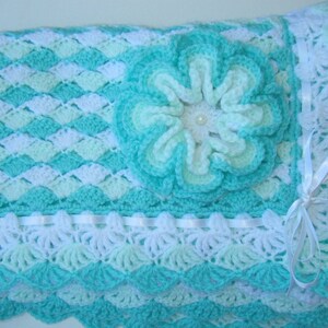 Crochet Shell Stitch Baby Blanket PATTERN 'Turquoise Sea Shell Blanket with Flower'. Easy crochet blanket tutorial pattern. Download PDF 42 image 5