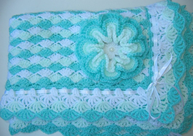 Crochet Shell Stitch Baby Blanket PATTERN 'Turquoise Sea Shell Blanket with Flower'. Easy crochet blanket tutorial pattern. Download PDF 42 image 5