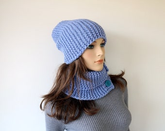 Hand knitted warm hat and scarf set. Light blue beanie hat and cowl scarf with buttons. Chunky knit hat and scarf. Winter knitting gifts