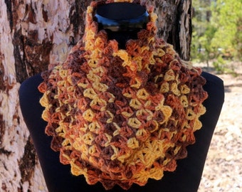Crochet neck warmer Autumn colours scarf. Hand crocheted cowl scarf for women. Multicolor brown scarf circle. Fall scarf Autumn gift for her