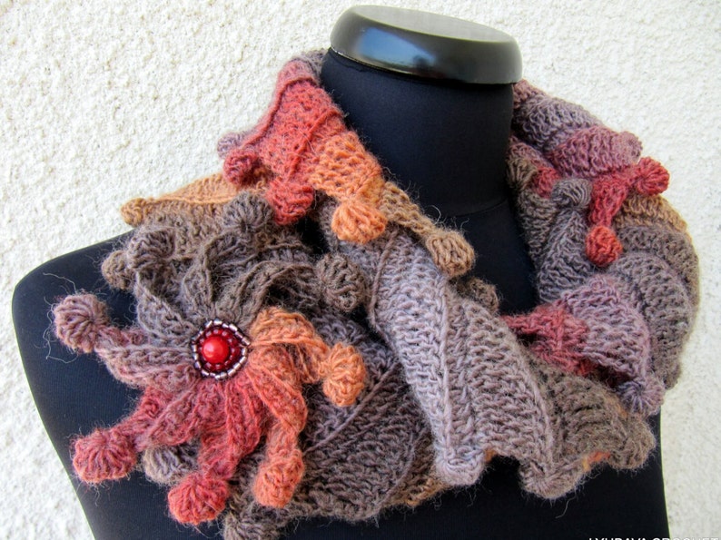 Crochet PATTERN Scarf ''Fantasy''. Unique crochet design scarf tutorial pattern. Multicolor yarn scarf with flower. Download PDF pattern 88 image 2