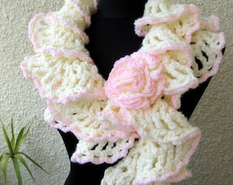 CROCHET PATTERNS* Ruffle Scarf with Flower, Chunky Crochet Easy Pattern Scarf ''Winter Honeymoon''+Carnation Flower, Download 2 PDF #45, 47