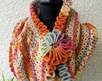 Crochet PATTERN Scarf Happy Autumn Colors. Circle crochet scarf ruffled edges tutorial pattern. Scarf with flower pattern. Download PDF #58