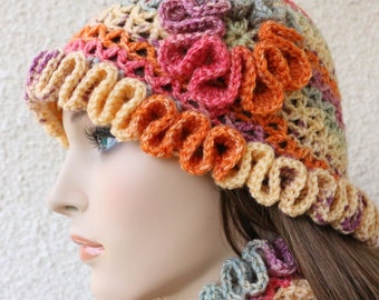 Crochet PATTERN Hat Happy Autumn Colors. Unique design crochet hat for women. Hat with flower tutorial crochet pattern. Download PDF #135