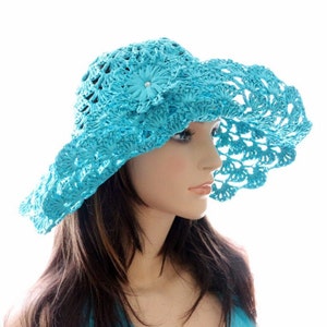 Crochet PATTERN Summer Hat for Women: Easy Tutorial English US Terms Raffia Yarn Sunhat &#39;Turquoise Summer Hat with Flower&#39; Download PDF #166