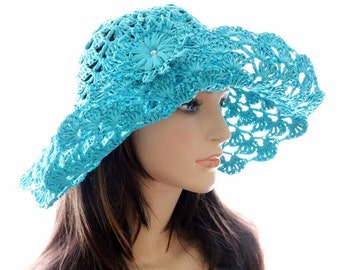 Crochet PATTERN summer hat for women. Crochet sun hat tutorial pattern. Raffia pattern 'Turquoise Summer Hat with Flower'. Download PDF #166