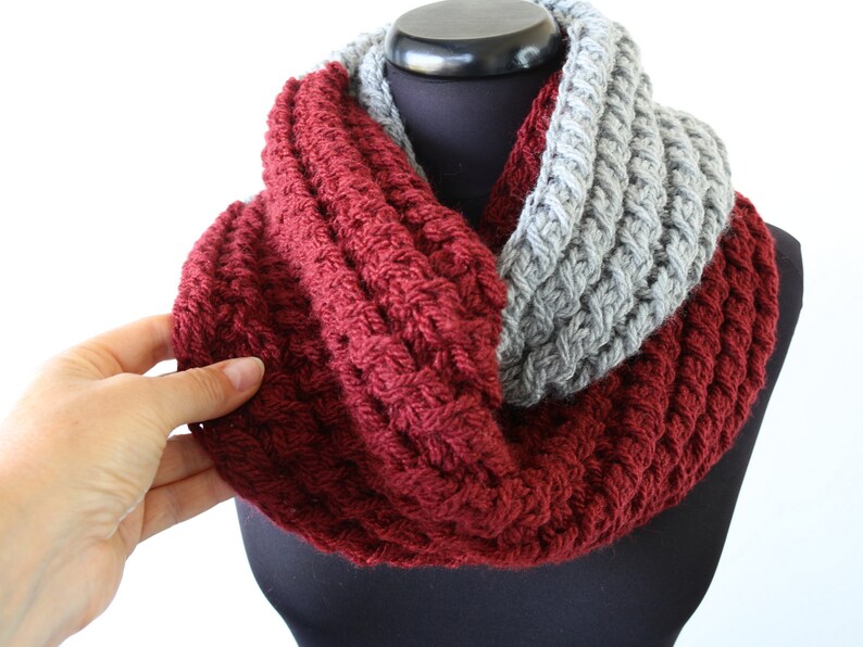 HANDMADE KNIT SCARF Maroon Gray Scarf Colorblock Scarf Hand image 2