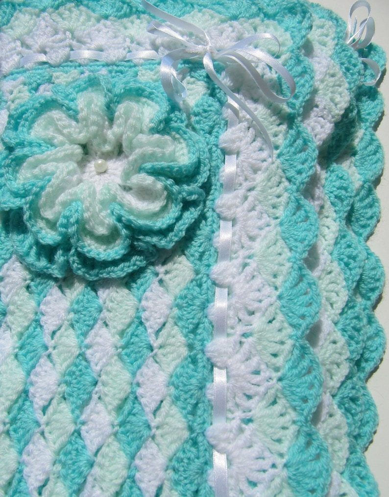 Crochet Shell Stitch Baby Blanket PATTERN 'Turquoise Sea Shell Blanket with Flower'. Easy crochet blanket tutorial pattern. Download PDF 42 image 2