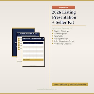 May include: A 10-page listing presentation and seller kit. The kit includes a marketing plan, CMA table, pricing strategy, and seller objections script. The design features navy blue and gold accents with the text "2026 Listing Presentation + Seller Kit."