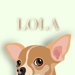May include: Illustration of a Chihuahua dog with brown and white fur, large brown eyes, and a black nose. The name "LOLA" is displayed in a light beige font above the dog's head against a light green background.