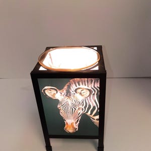 May include: A square wax warmer featuring a black frame and a panel displaying a zebra portrait. The top of the device includes a circular glass dish for melting wax, illuminated from within to highlight the zebra graphic on the front panel.