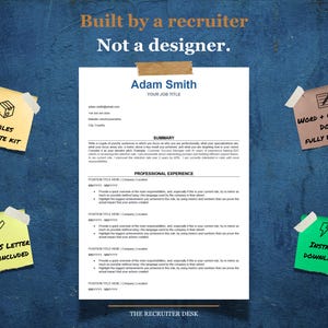 May include: A resume template document with the text Adam Smith, Summary, and Professional Experience, surrounded by four sticky notes with text including 14 Files Complete Kit, Word + Google Docs Fully Editable, A4 + US Letter Sizes Included, and Instant Download.