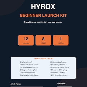 Könnte beinhalten: Ein marineblaues und orangefarbenes HYROX Beginner Launch Kit. Das Kit enthält 12 Arbeitsblätter, 8 Workouts und 1 Ziel: Ziellinie. Das Kit enthält einen Trainingsplan für Anfänger, einen Workout-Log-Tracker und einen Ernährungsratgeber. Der Text "TRAIN HARD • RACE SMART • FINISH STRONG" steht unten.