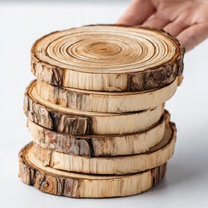 Könnte beinhalten: Ein Stapel von sechs runden Untersetzern aus Holz. Jeder Untersetzer besteht aus einem Querschnitt eines Astes, der die natürliche Holzmaserung und die Rindenkanten zeigt. Die Untersetzer sind hellbraun mit dunklerer brauner Rinde.