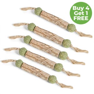 May include: Five pet chew toys arranged in parallel, each consisting of a central wooden log segment flanked by two textured green spheres and finished with frayed jute rope ends. A green circular badge displays the text Buy 4 Get 1 FREE.