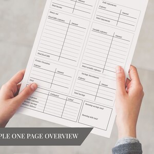 May include: A black and white printable budget planner with sections for income, expenses, savings, and debt. The planner has the text "SIMPLE ONE PAGE OVERVIEW" at the bottom.