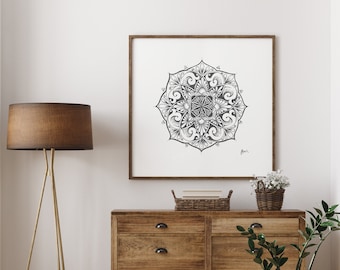 Hand-drawn Mandala Digital Download Print, Yoga Wall Art, Wall Decor, Meditation print, grey on neutral.