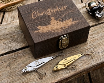 Ensemble cadeau leurre de pêche personnalisé pour mari, hameçons gravés, étui à initiales personnalisé, cadeau d'anniversaire pour lui