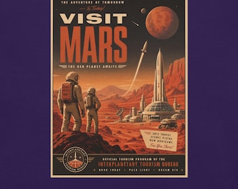 Visit Mars Vintage Travel Poster T-Shirt, Retro Sci-Fi Space Tourism Graphic Tee