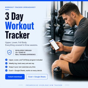 3 Day Workout Tracker Spreadsheet | Upper Lower Full Body Split | Excel Google Sheets Lifting Log