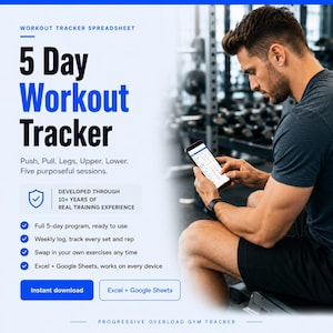 5 Day Workout Tracker Spreadsheet | Push Pull Legs Upper Lower Split | Excel Google Sheets