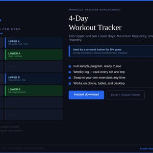 Könnte beinhalten: Eine digitale Workout-Tracker-Tabelle mit dunkelblauem Hintergrund. Der Text lautet "4-Day Workout Tracker" mit einem Wochenplan. Enthält die Schaltfläche "Sofort-Download" und Details zum Programm.