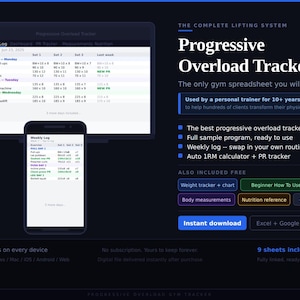 May include: A dark blue digital graphic promoting a "Progressive Overload Tracker" spreadsheet. The image shows a laptop and smartphone displaying the tracker's interface, with text including "Instant download" and "Excel + Google Sheets."