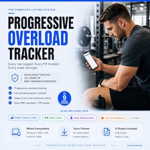 Puede incluir: Un rastreador digital de sobrecarga progresiva para entrenamiento en gimnasio. La interfaz muestra funciones como seguimiento de peso, hábitos, medidas corporales y nutrición. Incluye 9 hojas, calculadora de 1RM y funciona en Windows, Mac, iOS, Android y Web.