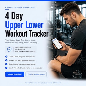 4 Day Upper Lower Workout Tracker Spreadsheet | Excel Google Sheets Lifting Log Progressive Overload