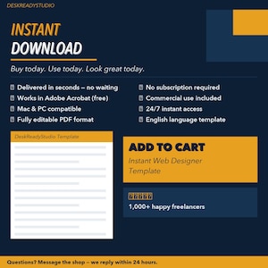 May include: A digital advertisement with a navy blue and gold color scheme. The words "INSTANT DOWNLOAD" are at the top. Text includes "Buy today. Use today. Look great today." and details about the product, such as "Fully editable PDF format."